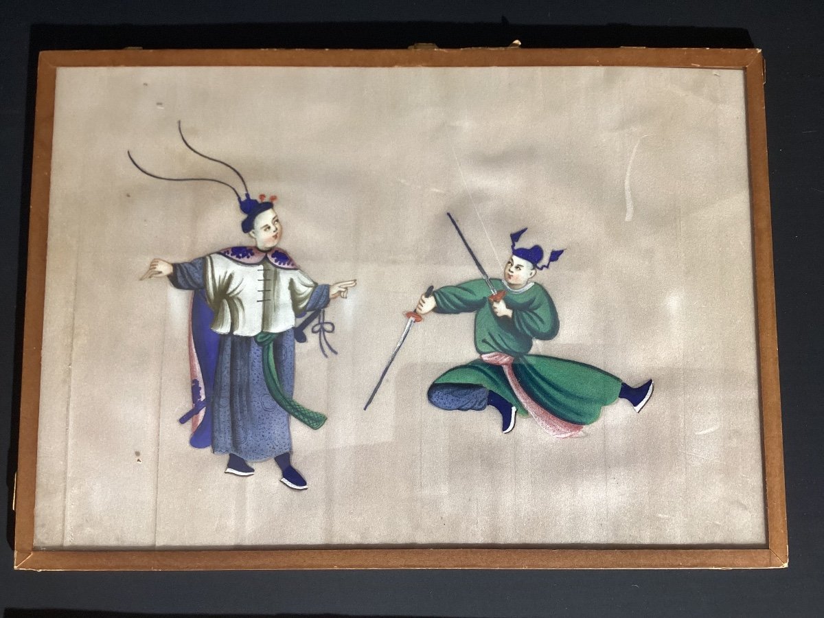 China - Series Of 5 Gouaches On Rice Paper Dealing With Martial Arts - Late 19th-photo-3
