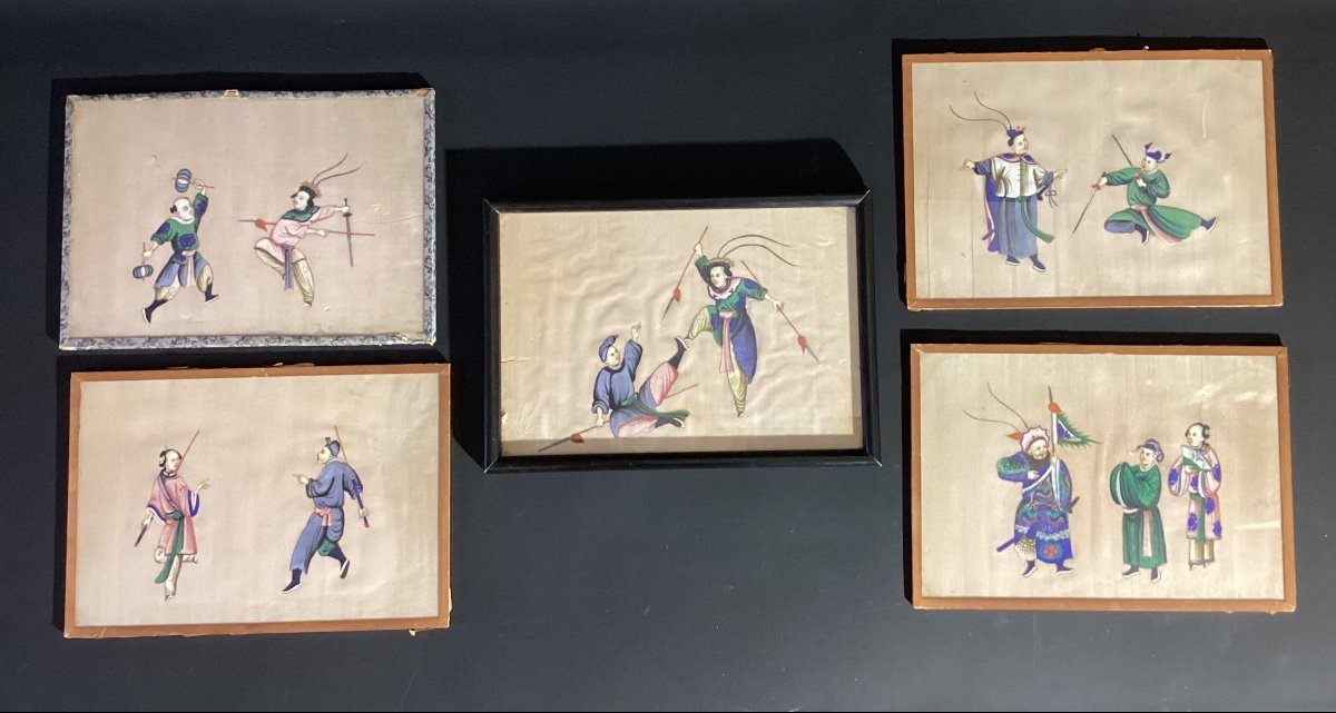 China - Series Of 5 Gouaches On Rice Paper Dealing With Martial Arts - Late 19th