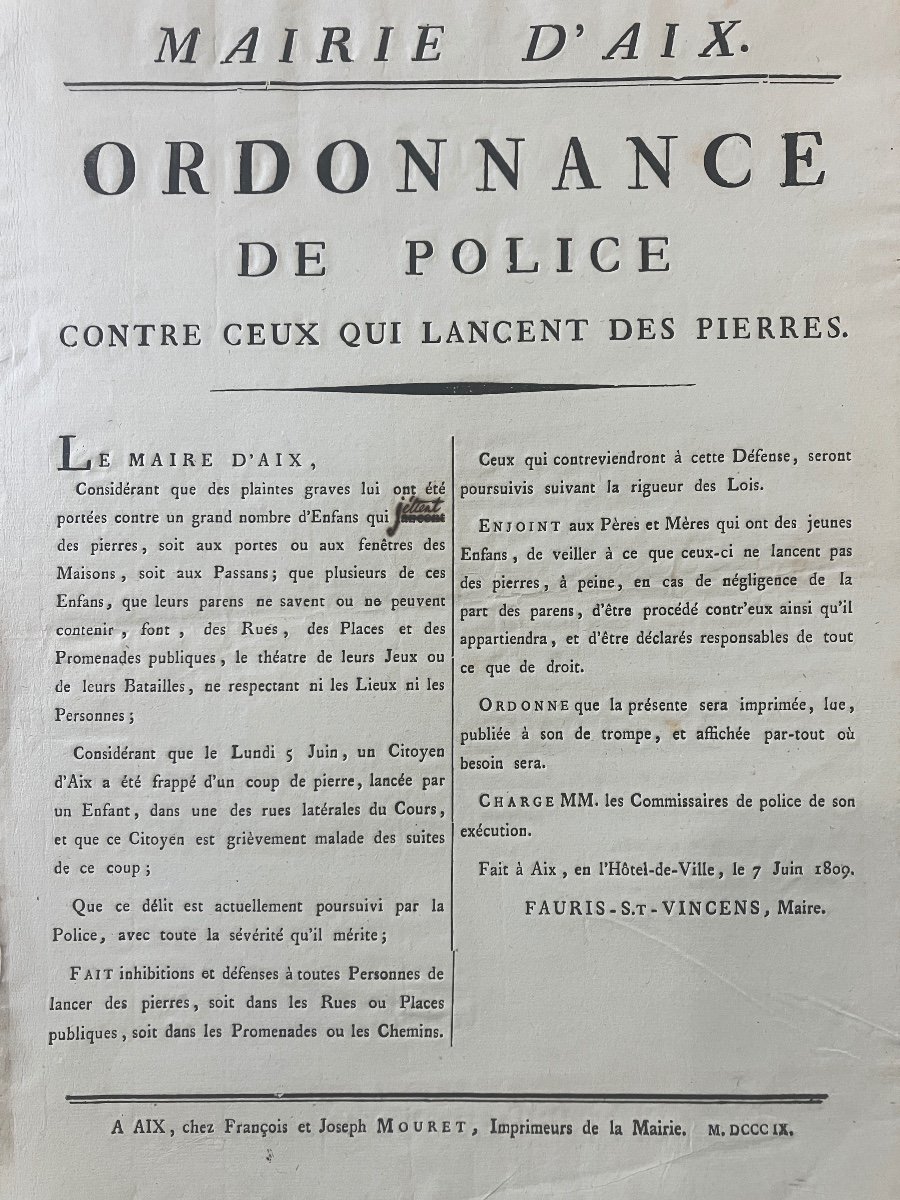 Placard / Affiche 1er Empire - Contre Ceux Qui Lancent Des Pierres … Aix-en-provence 1809-photo-3