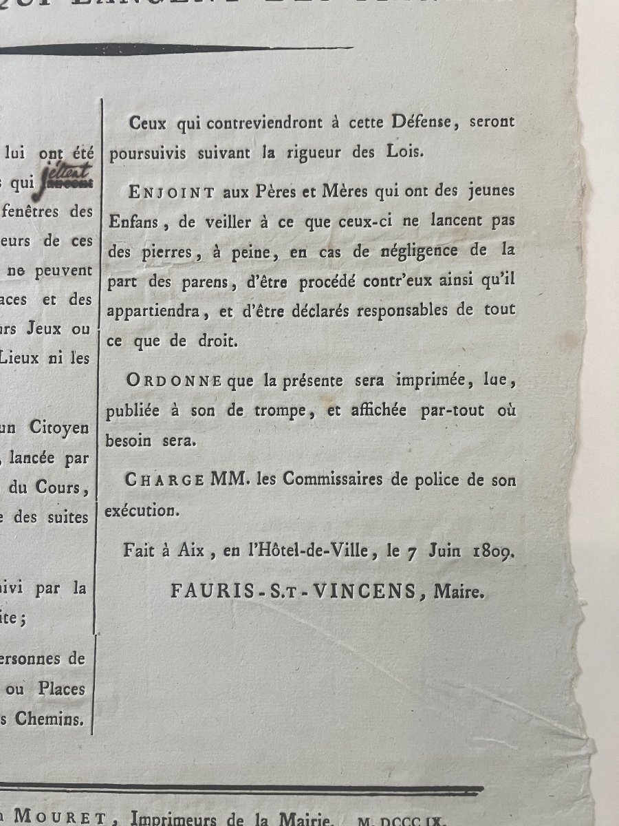 Placard / Affiche 1er Empire - Contre Ceux Qui Lancent Des Pierres … Aix-en-provence 1809-photo-1