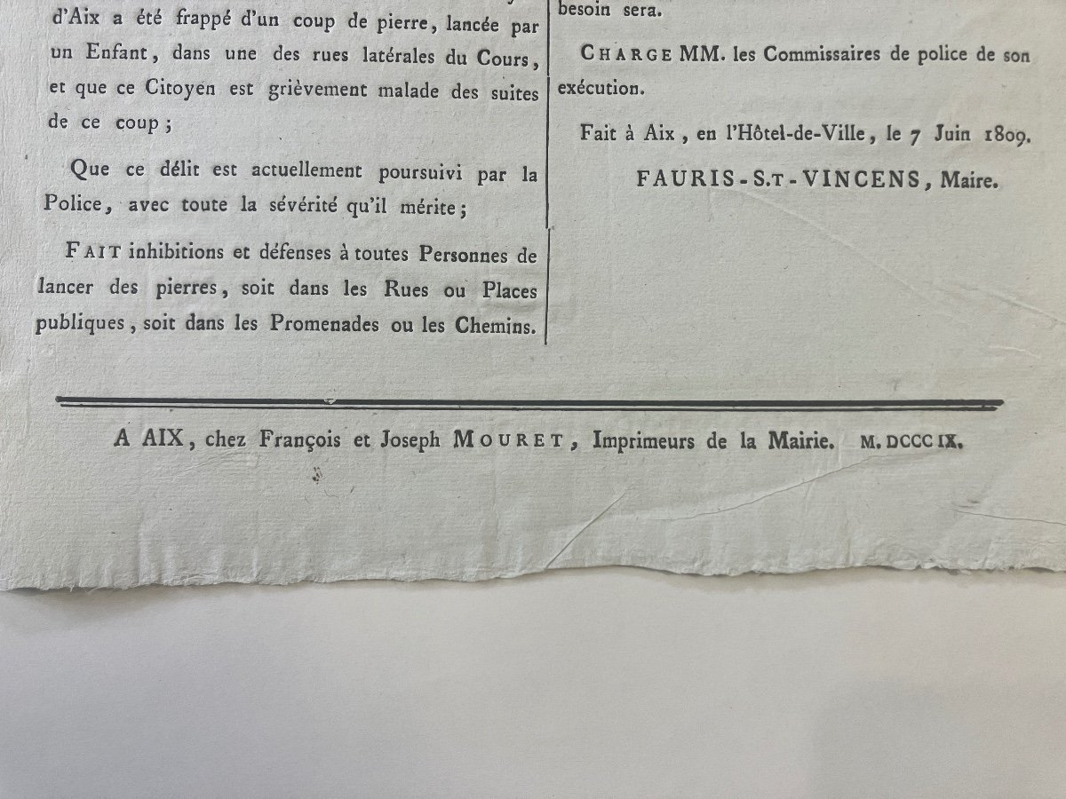 Placard / Affiche 1er Empire - Contre Ceux Qui Lancent Des Pierres … Aix-en-provence 1809-photo-2