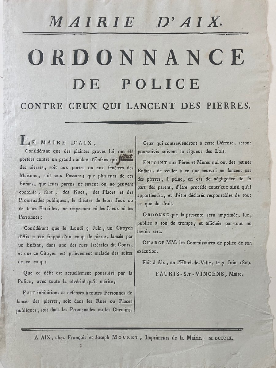 Placard / Affiche 1er Empire - Contre Ceux Qui Lancent Des Pierres … Aix-en-provence 1809
