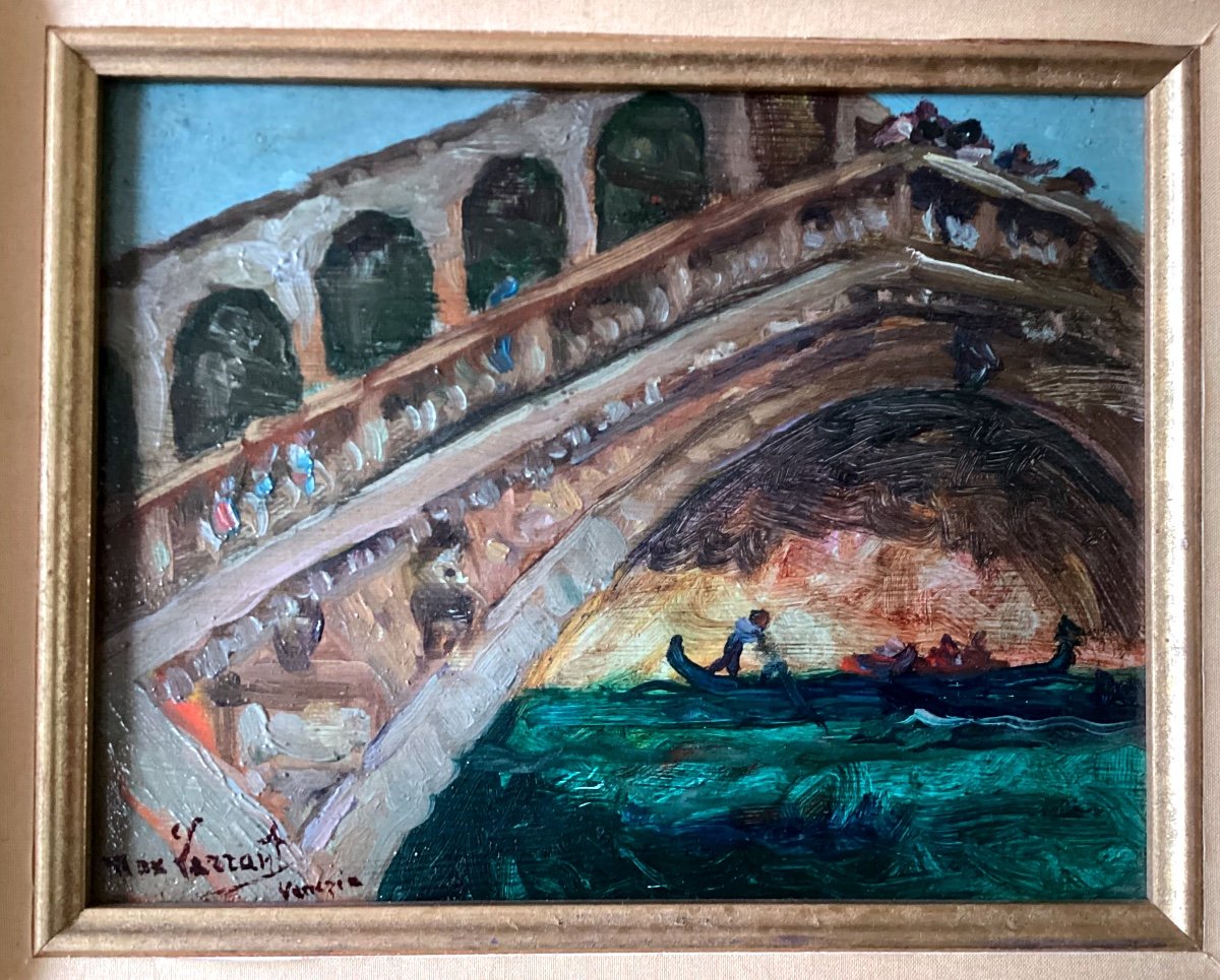 Max Lerrant 1875-1955 Oil On Cardboard - Venice The Rialto Bridge -photo-2