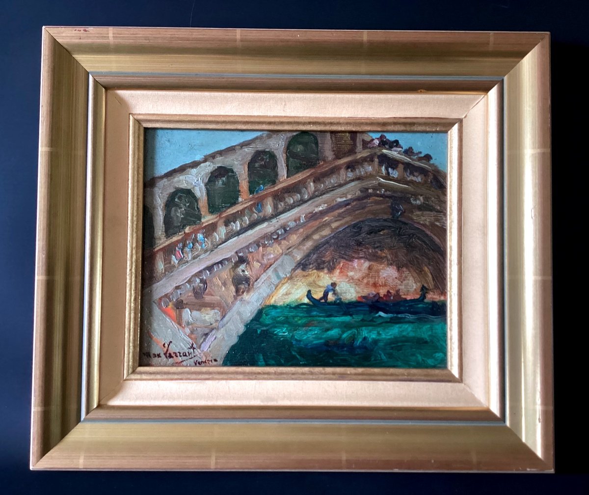 Max Lerrant 1875-1955 Oil On Cardboard - Venice The Rialto Bridge 