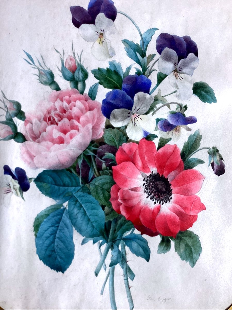 Bouquet Of Flowers - Gouache - Ida Egger 1808-1840, Student Of Pj Redouté. -photo-2