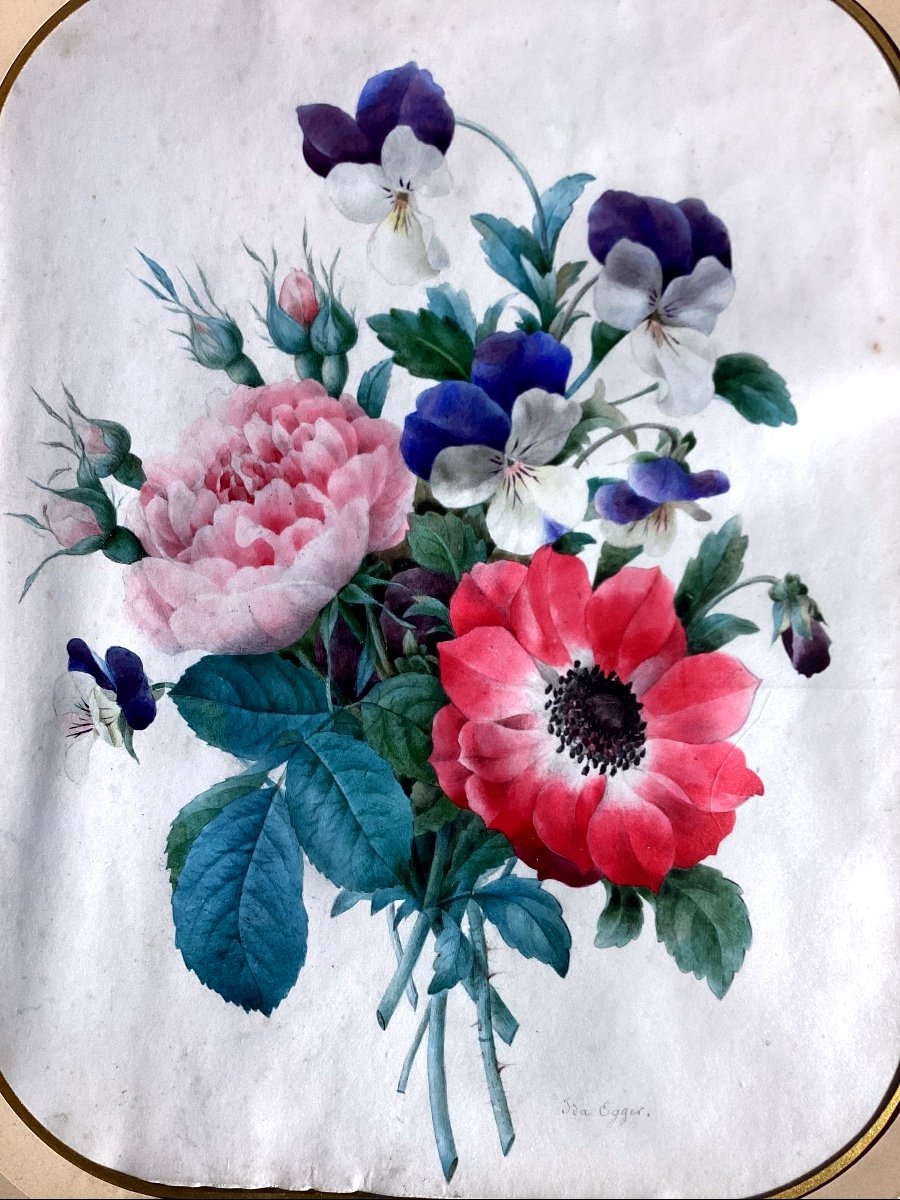 Bouquet De Fleurs - Gouache - Ida Egger 1808-1840, élève De P.j. Redouté. -photo-2
