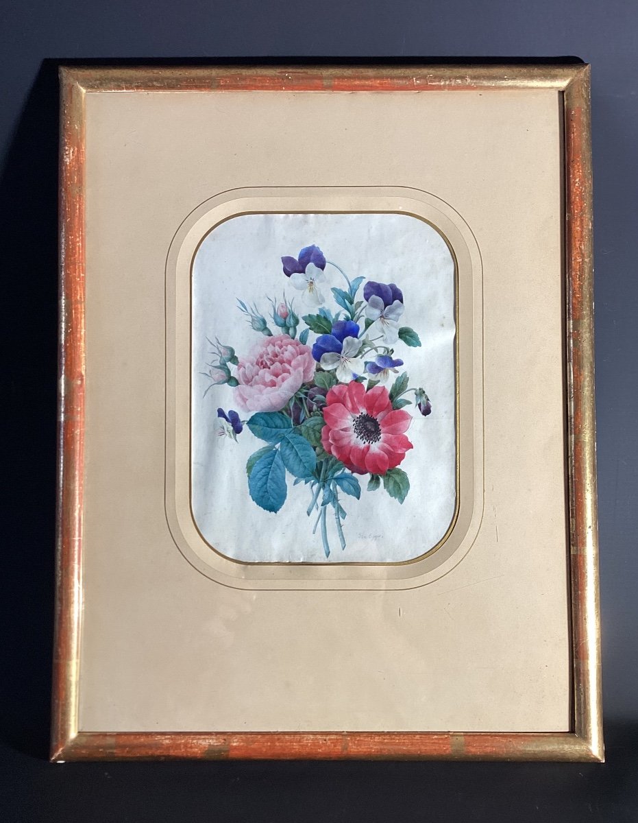 Bouquet De Fleurs - Gouache - Ida Egger 1808-1840, élève De P.j. Redouté. 