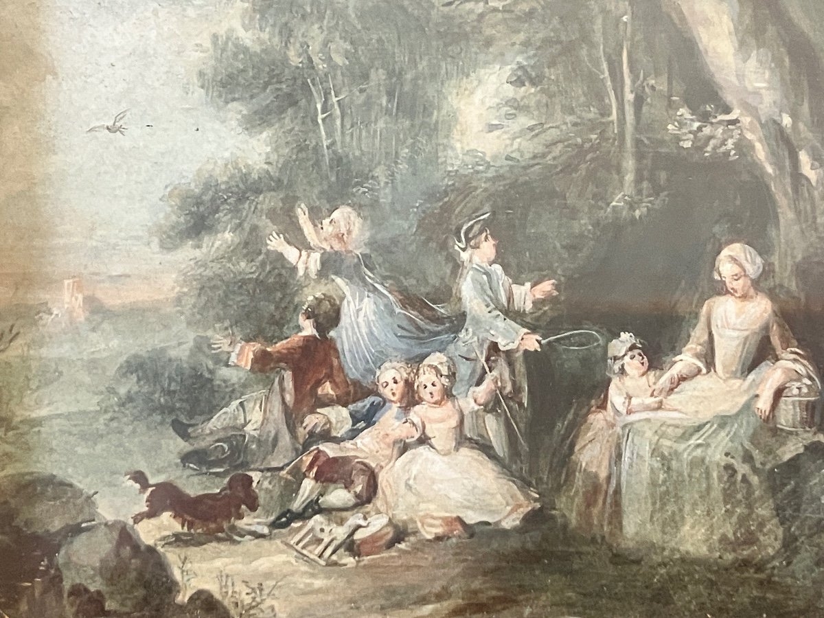 Miniature On Paper. Scene, Fête Champêtre. 18th Century. In The Taste Of Watteau.-photo-2