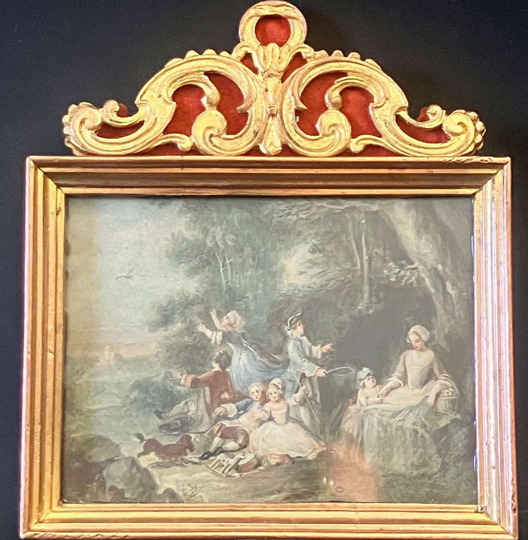 Miniature On Paper. Scene, Fête Champêtre. 18th Century. In The Taste Of Watteau.