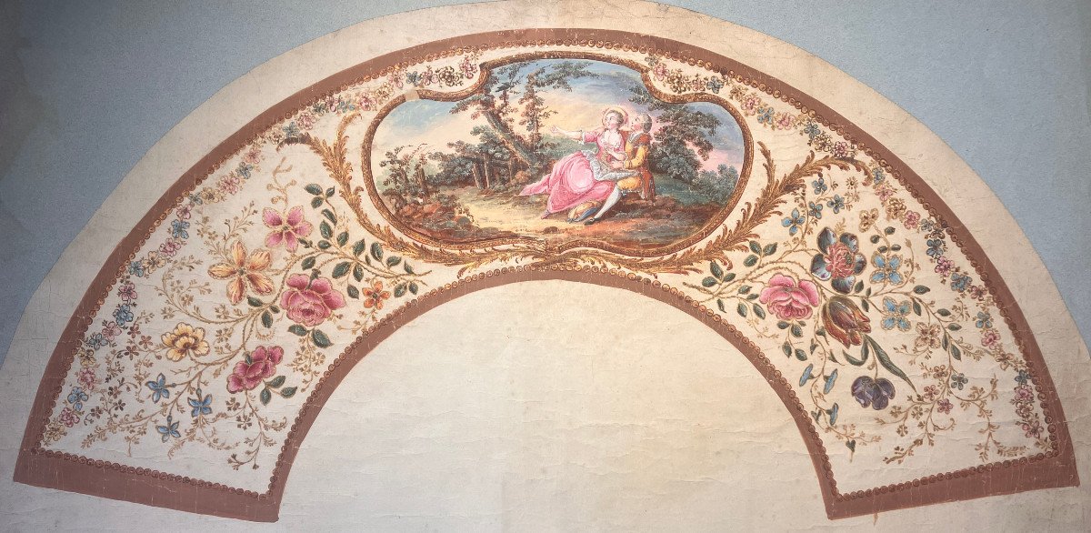 Illuminated Gouache On Vellum - Fan Project - 18th Century - Galante Scene - Shepherdess --photo-2