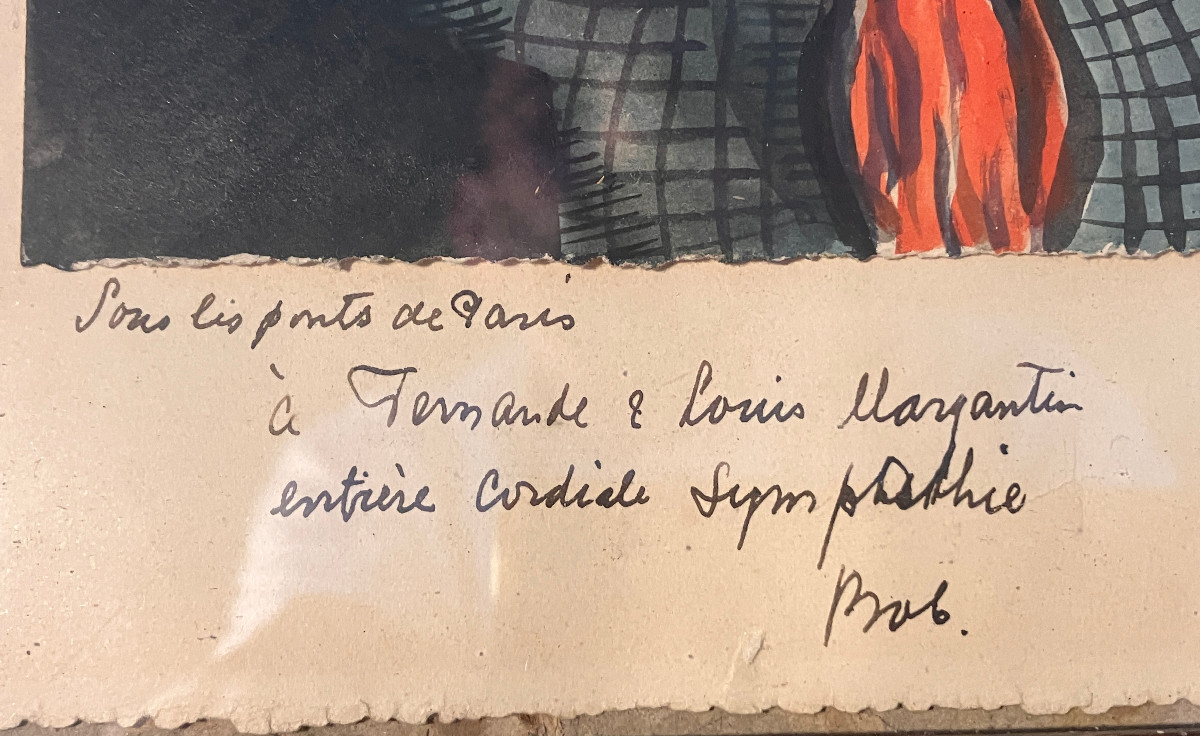 Bob Lokhorst - Sous les ponts de Paris - envoi à Louis & Fernande Margantin 1932 - Tech mixte-photo-1