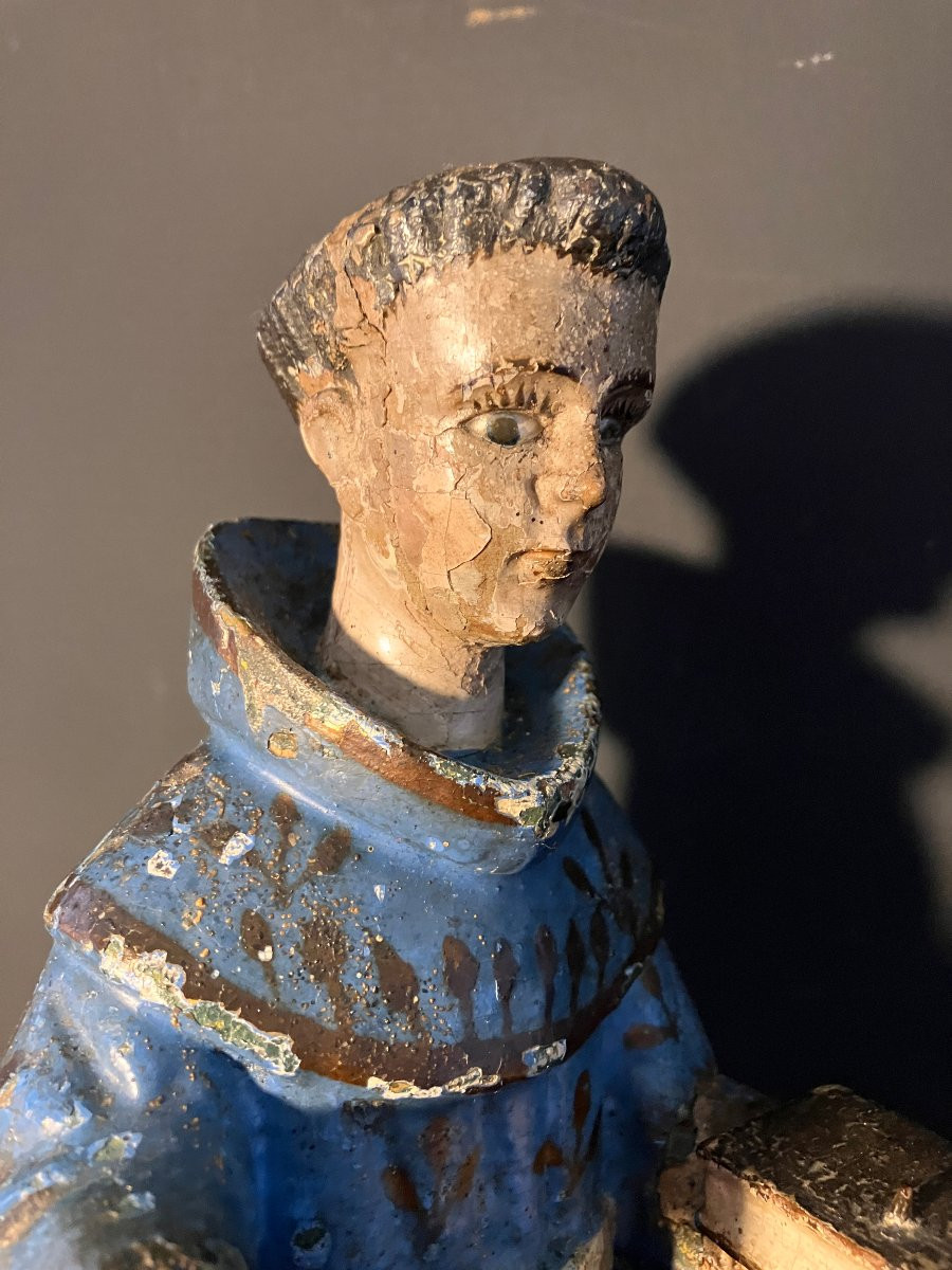 Polychrome Wooden Sculpture - Saint Francis - 18th-19th Century - Spain Or Mexico - Glass Eyes-photo-4