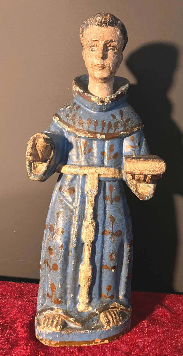 Polychrome Wooden Sculpture - Saint Francis - 18th-19th Century - Spain Or Mexico - Glass Eyes