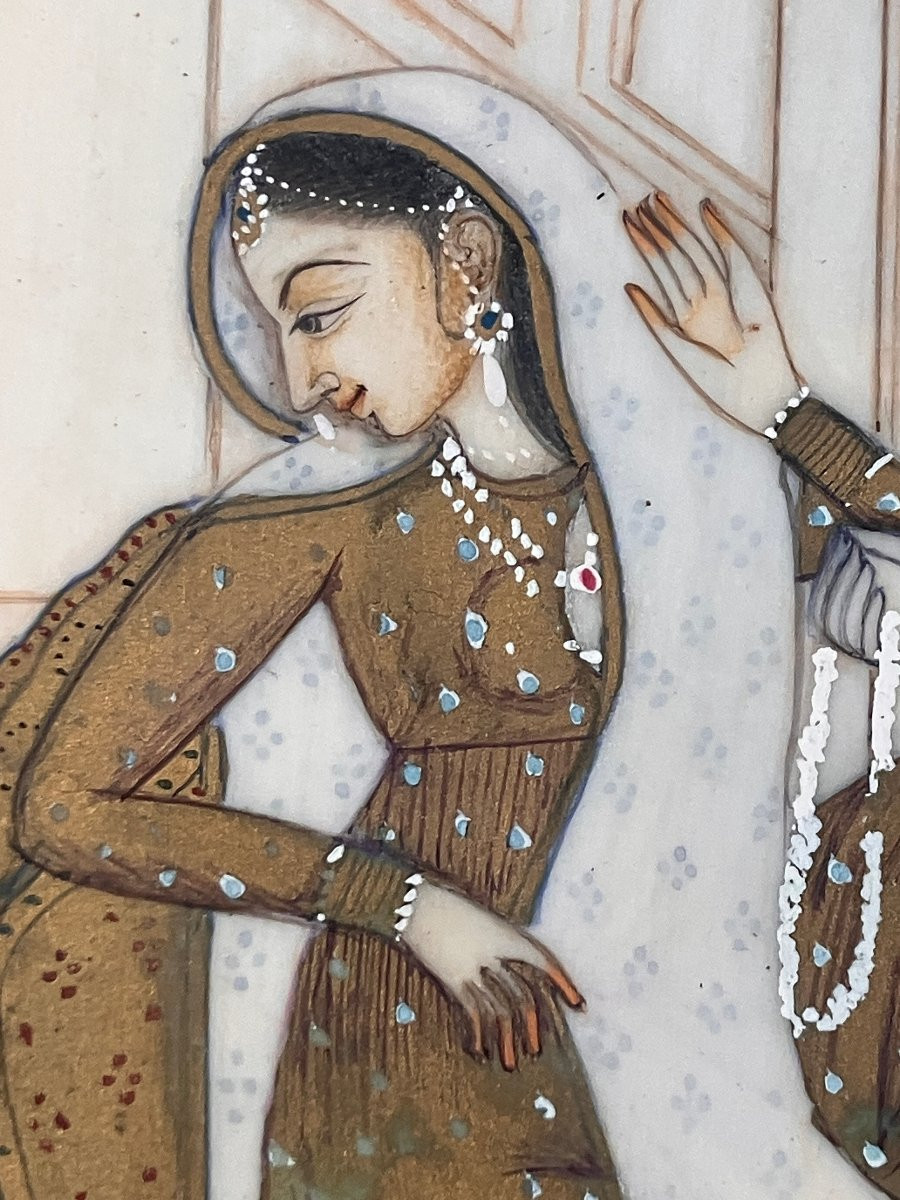 Indo-persian Miniature - Gallant Scene - Late 19th Early 20th Century - Gold Highlights-photo-1