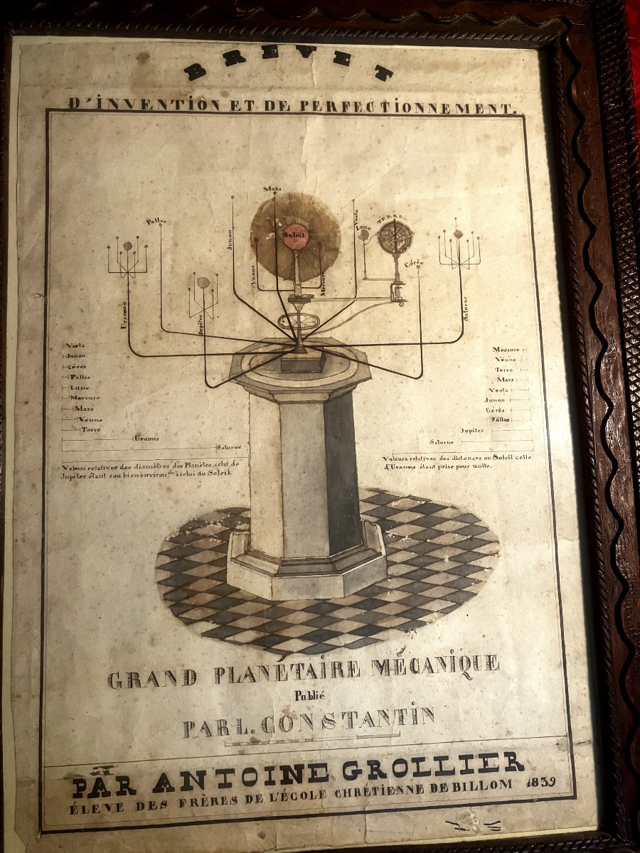Grand planétaire mécanique  de L. Constantin - encre de 1839 - Brevet d'invention - -photo-2
