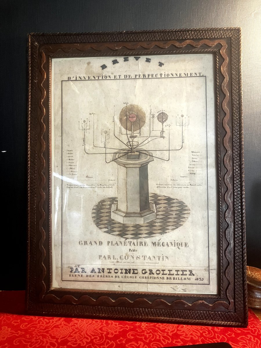 Grand planétaire mécanique  de L. Constantin - encre de 1839 - Brevet d'invention - 