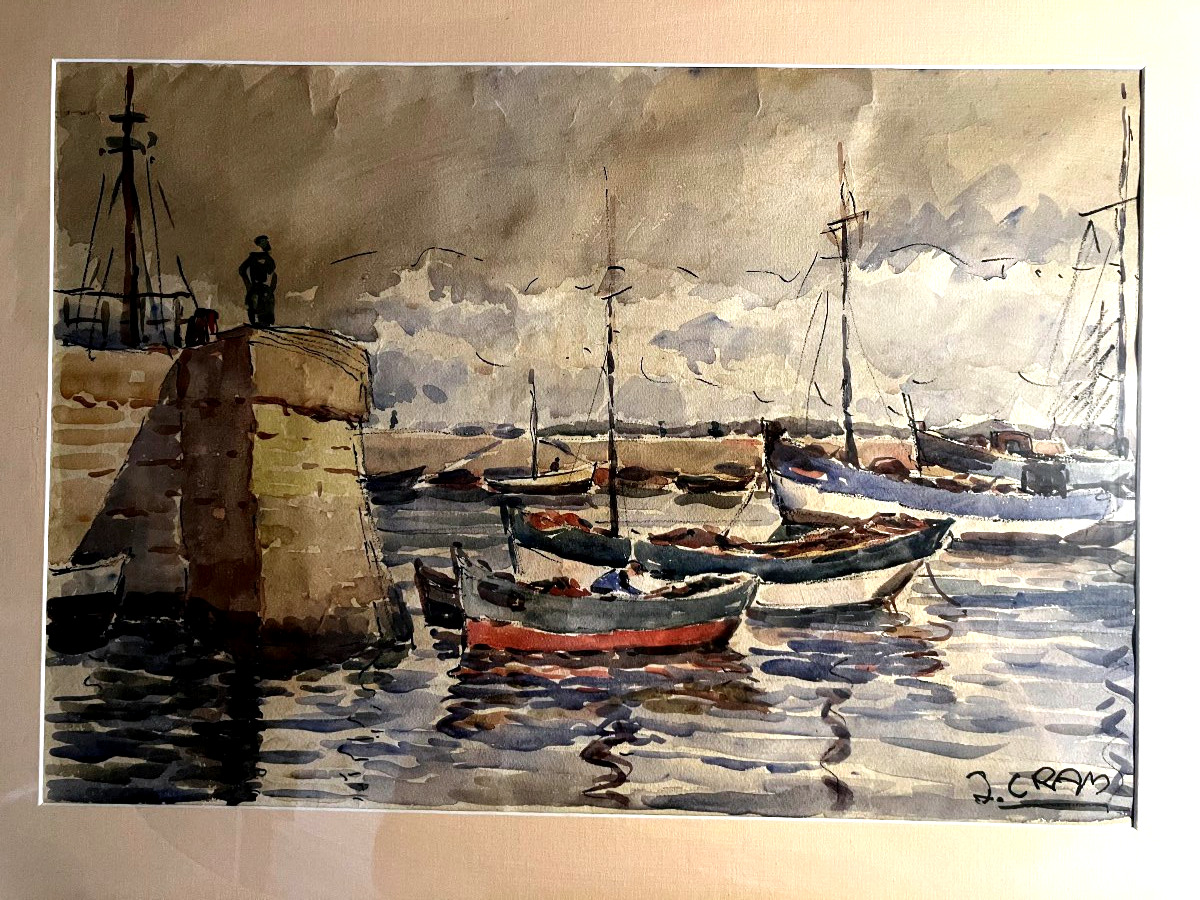 Port en Bretagne - Aquarelle signée J ou L Cram -photo-3