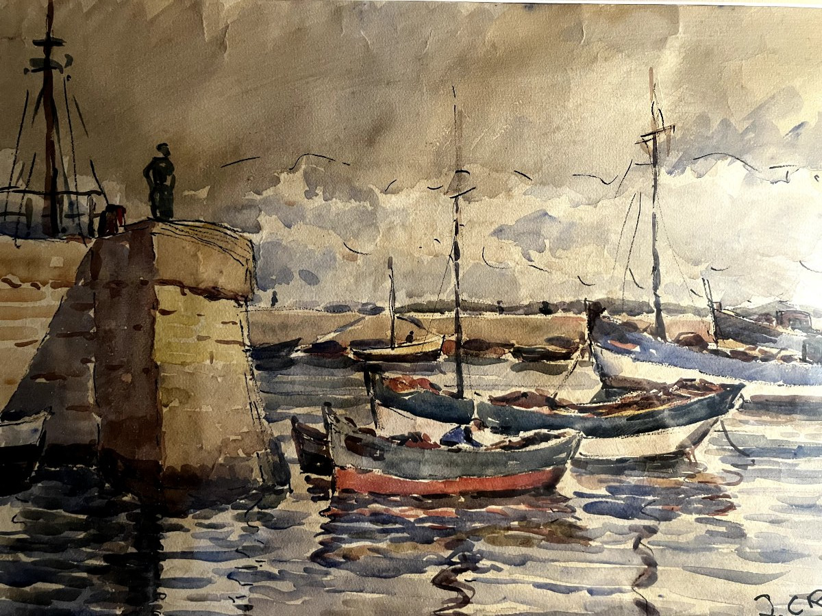 Port en Bretagne - Aquarelle signée J ou L Cram -photo-4