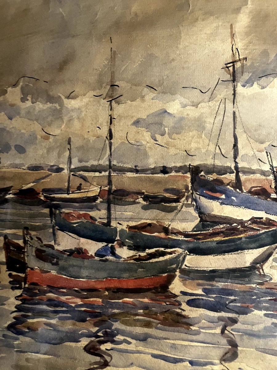Port en Bretagne - Aquarelle signée J ou L Cram -photo-2