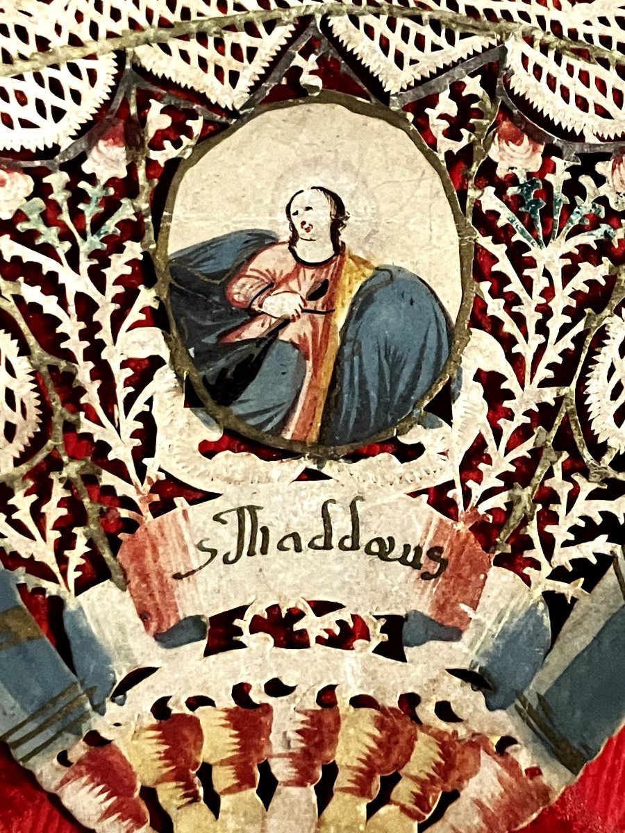 18th-century Painted Canivet On Vellum—saint Thaddeus—in The Shape Of A Devotional Fan Or A Convent Fan-photo-2