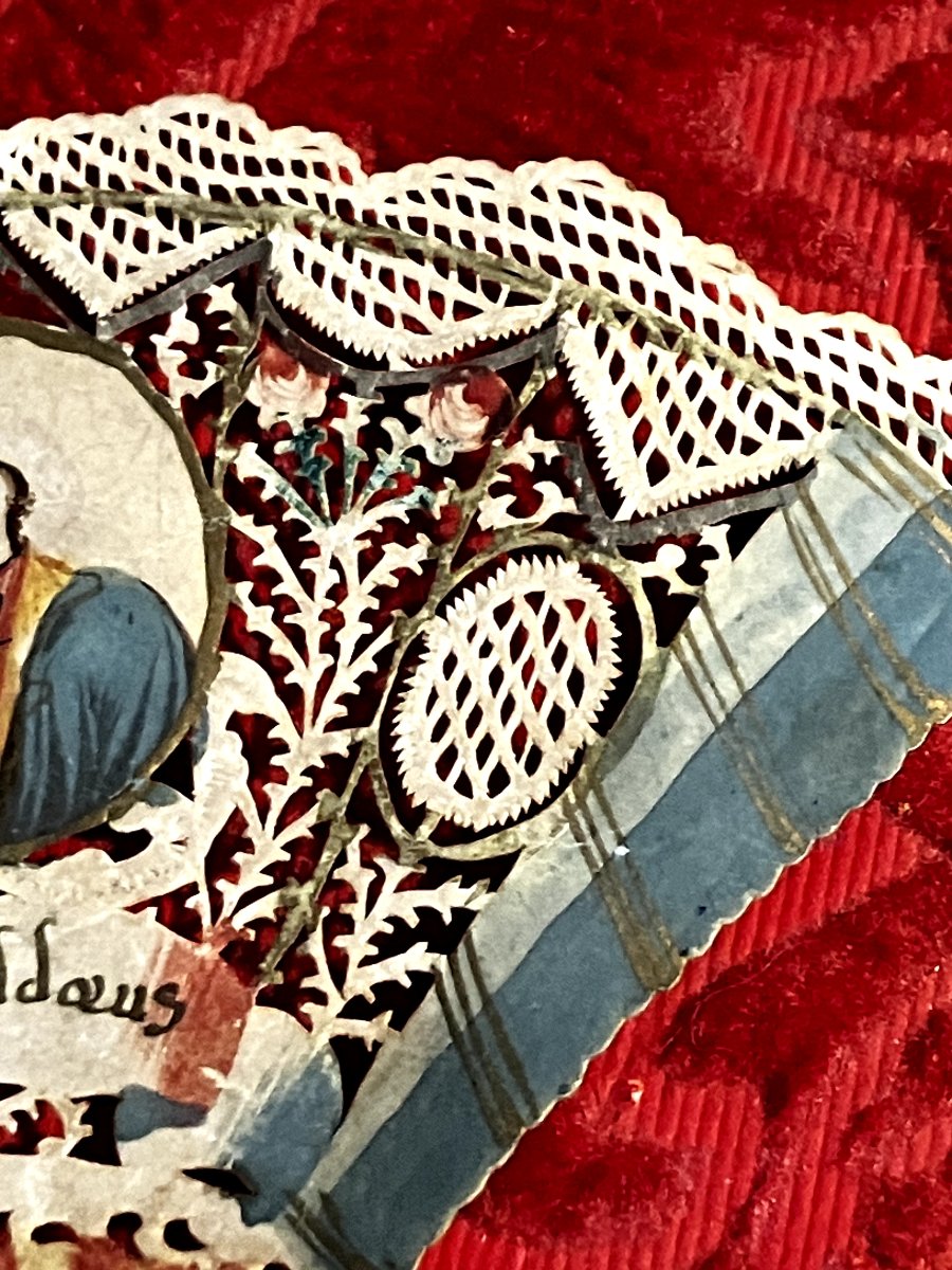 18th-century Painted Canivet On Vellum—saint Thaddeus—in The Shape Of A Devotional Fan Or A Convent Fan-photo-2