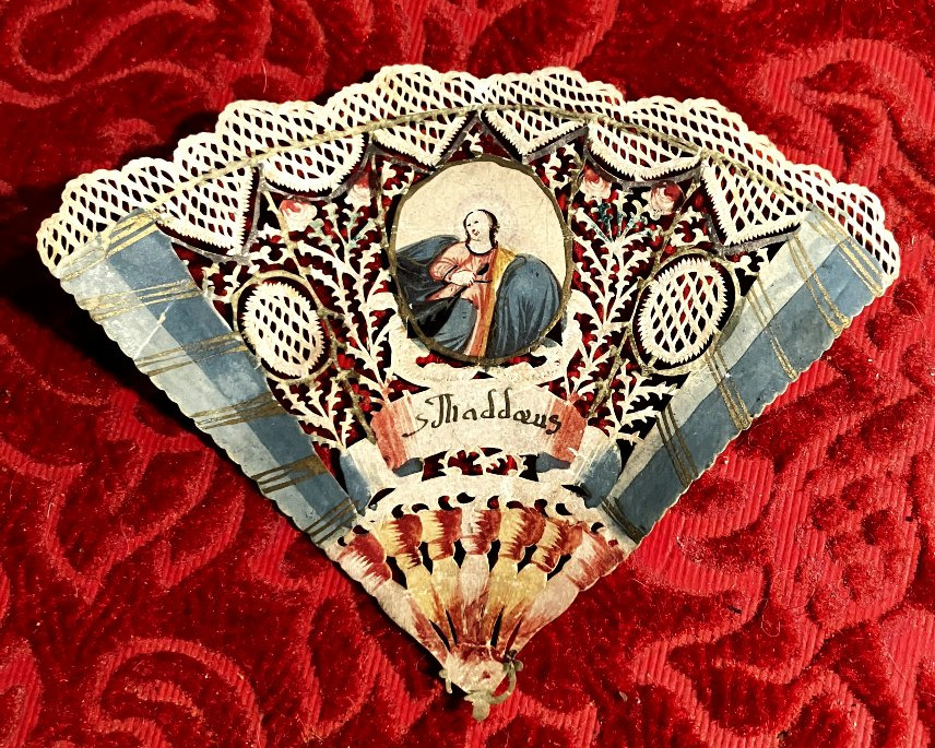 18th-century Painted Canivet On Vellum—saint Thaddeus—in The Shape Of A Devotional Fan Or A Convent Fan