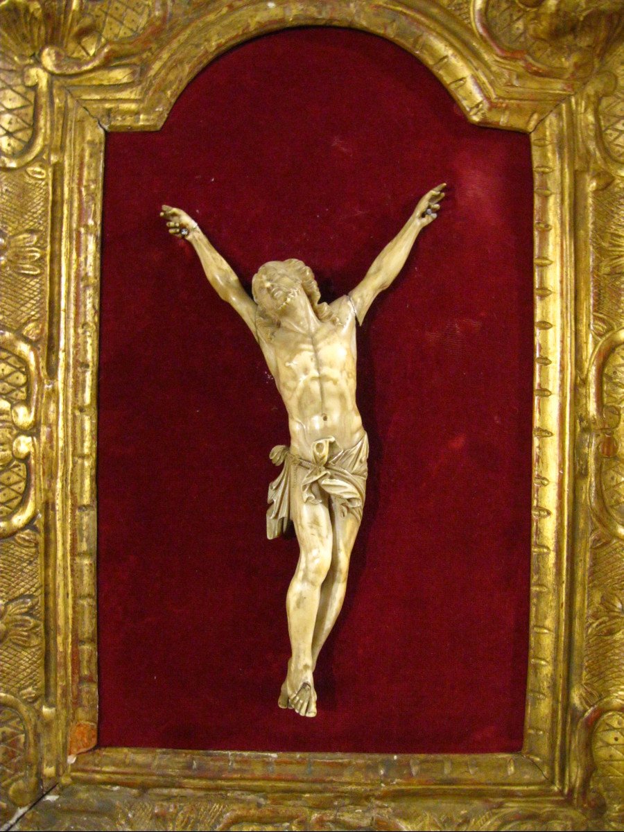 Christ Vivo Sans Couronne En Ivoire Du XVIIIe Siècle.  Cadre Sculpté & Doré. -photo-2