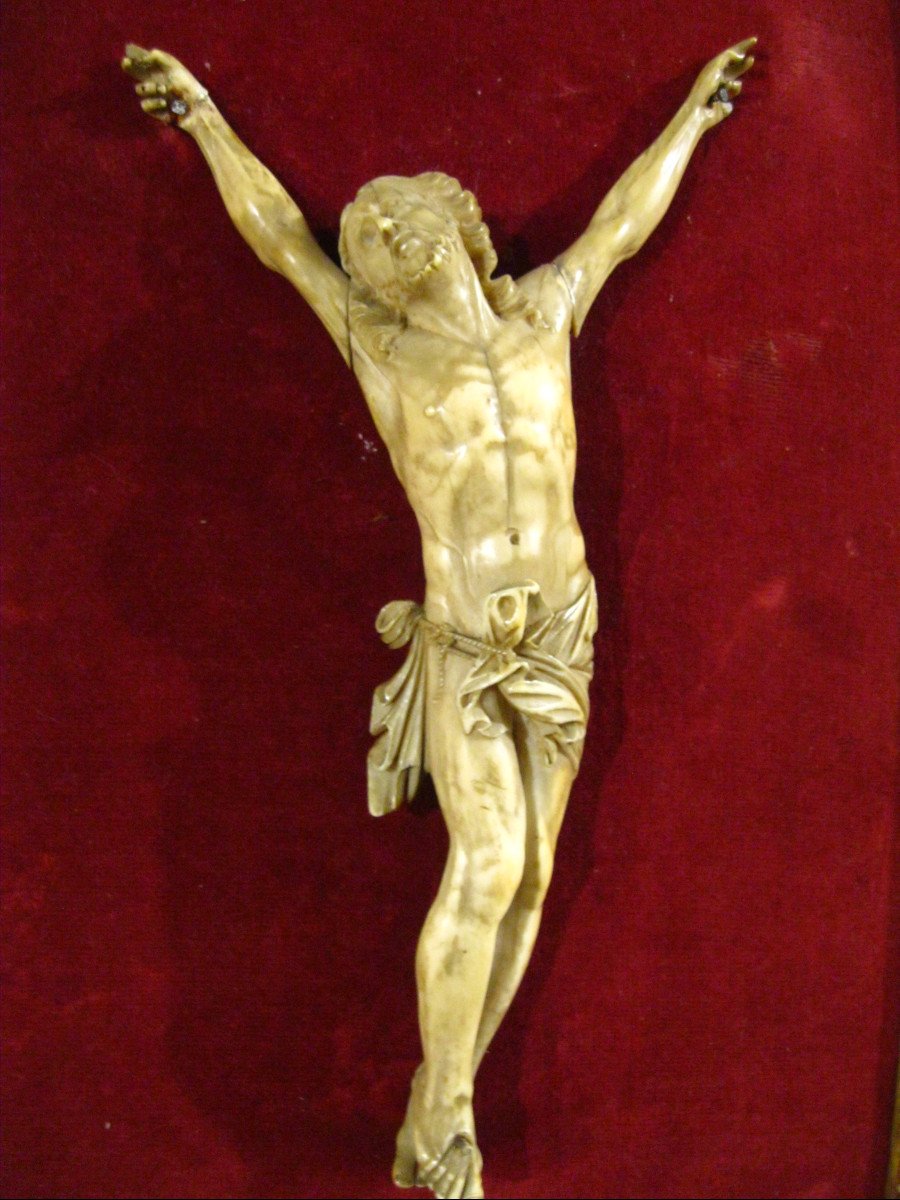 Christ Vivo Sans Couronne En Ivoire Du XVIIIe Siècle.  Cadre Sculpté & Doré. -photo-3