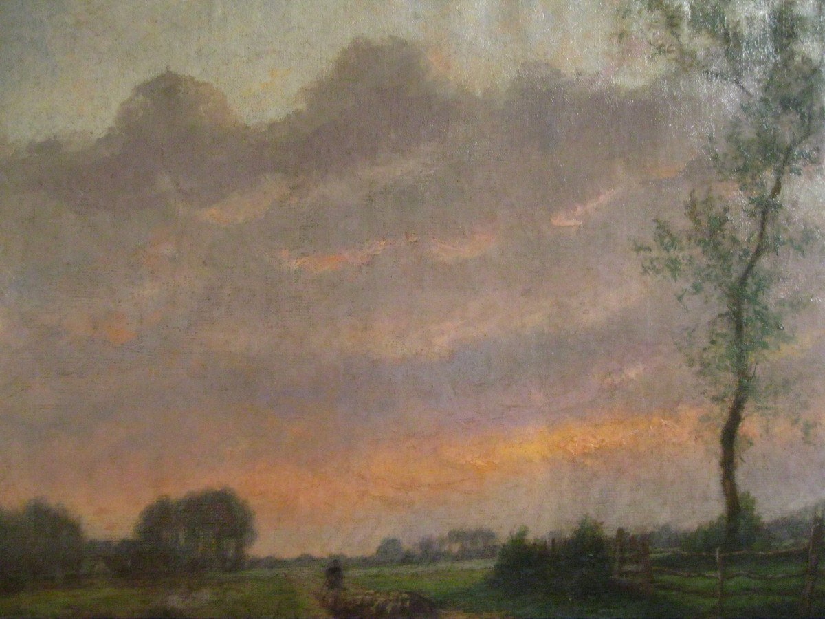 Landscape In The Setting Sun. Shepherd And Sheep. Oil On Canvas 19th. Barbizon 52x71cm Signed-photo-2