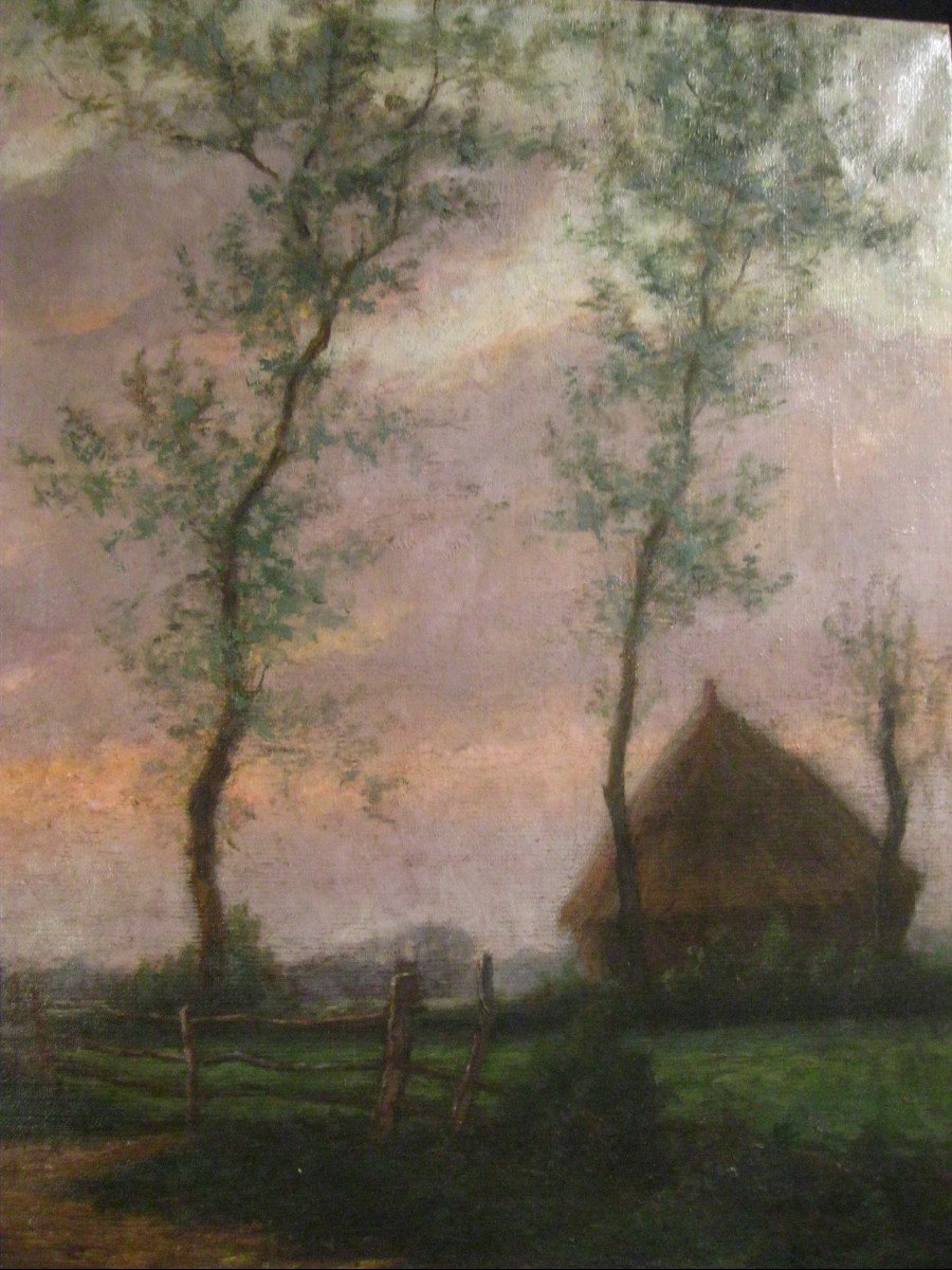 Landscape In The Setting Sun. Shepherd And Sheep. Oil On Canvas 19th. Barbizon 52x71cm Signed-photo-3