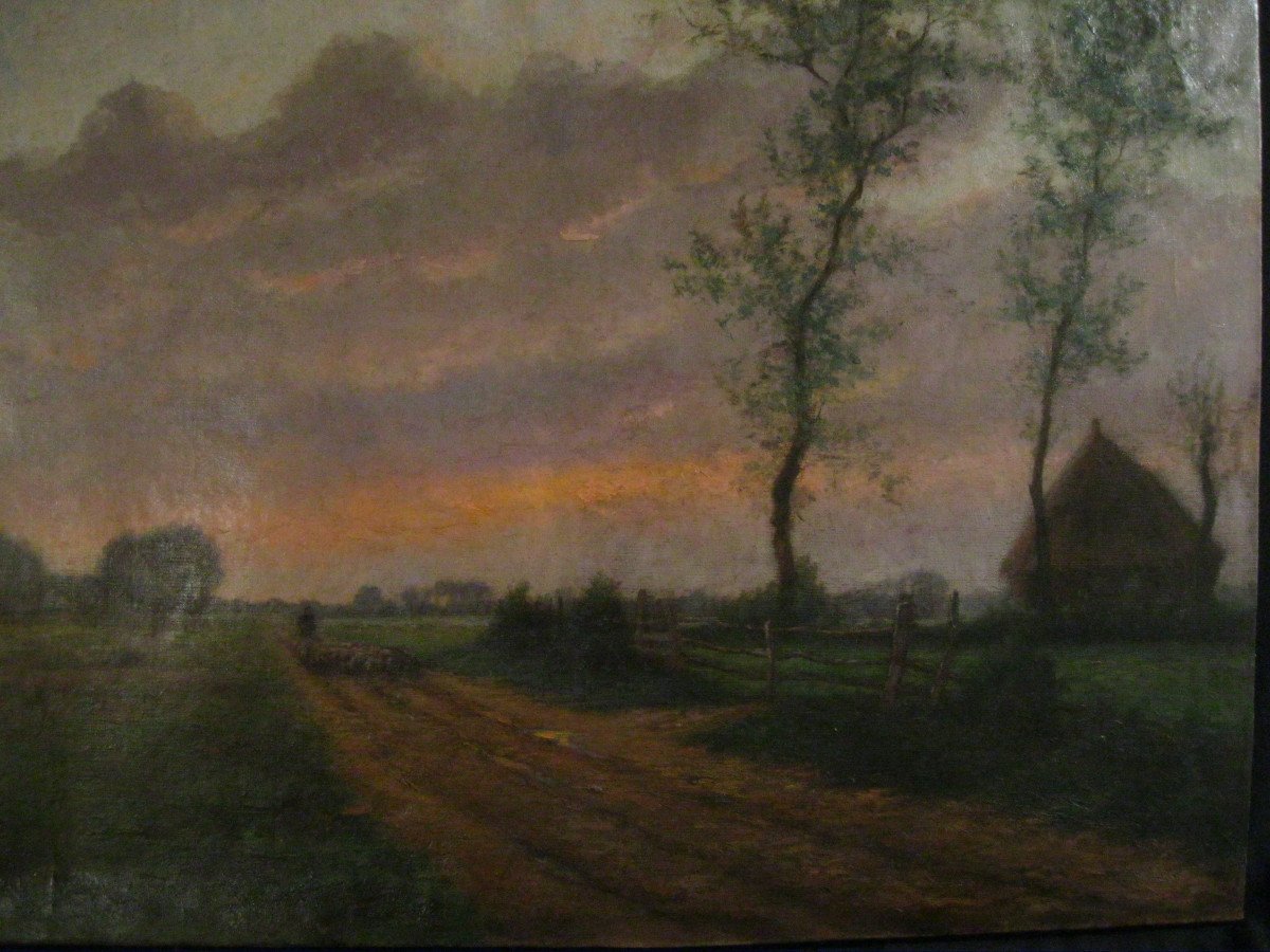 Landscape In The Setting Sun. Shepherd And Sheep. Oil On Canvas 19th. Barbizon 52x71cm Signed-photo-8