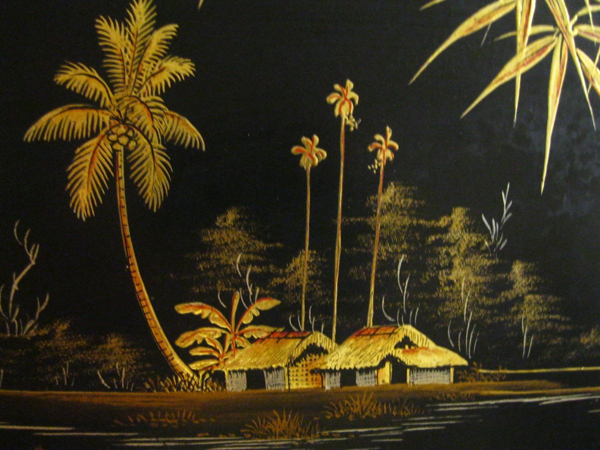 Large Lacquer From Vietnam - Asia / Black Lacquer & Gold Paint / 80 X 40 Cm-photo-2