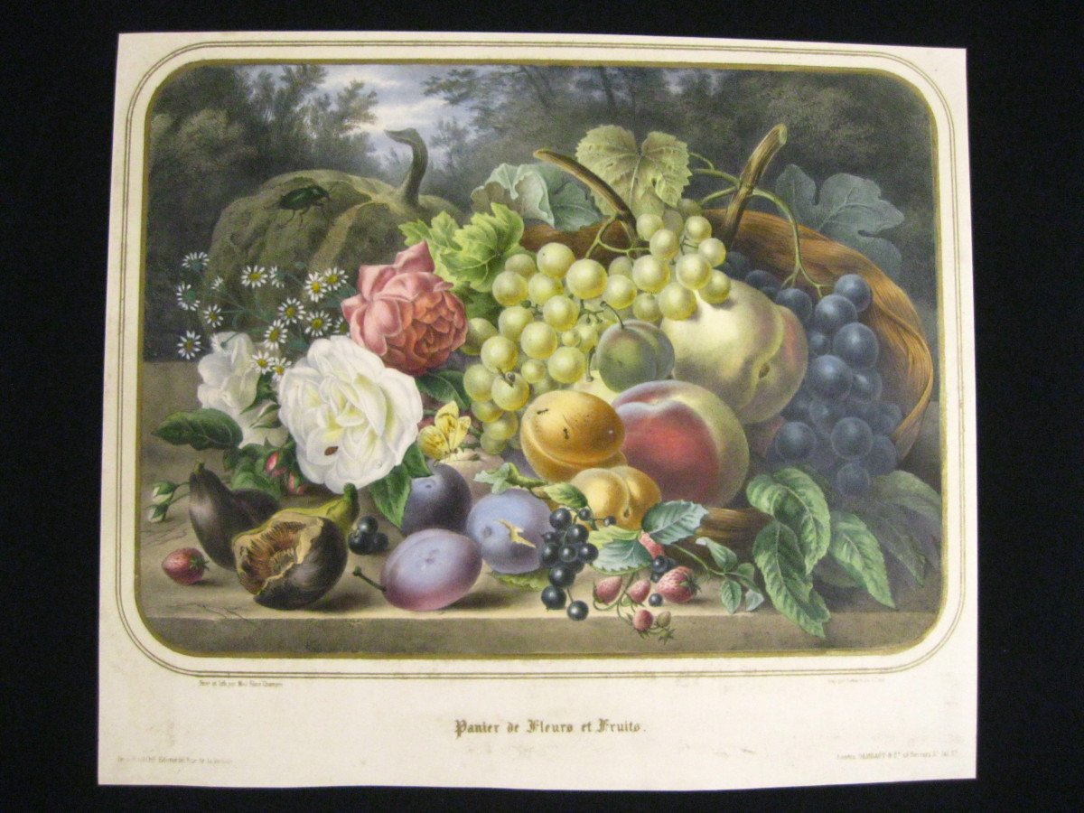 Elisa Champin - Bouquet Of Flowers And Fruits - Lithograph With Arabic Gum Flange --photo-4