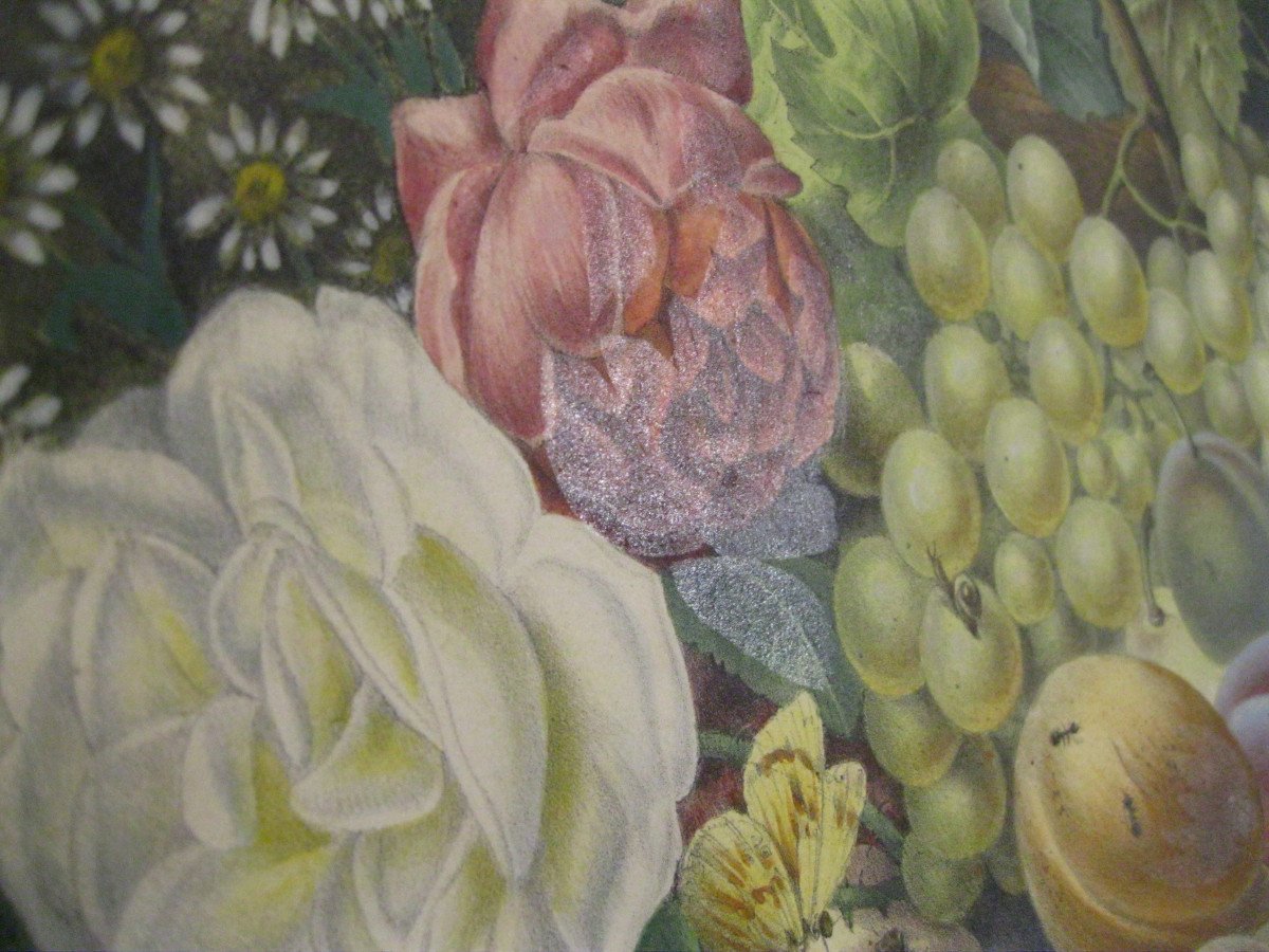 Elisa Champin - Bouquet Of Flowers And Fruits - Lithograph With Arabic Gum Flange --photo-1