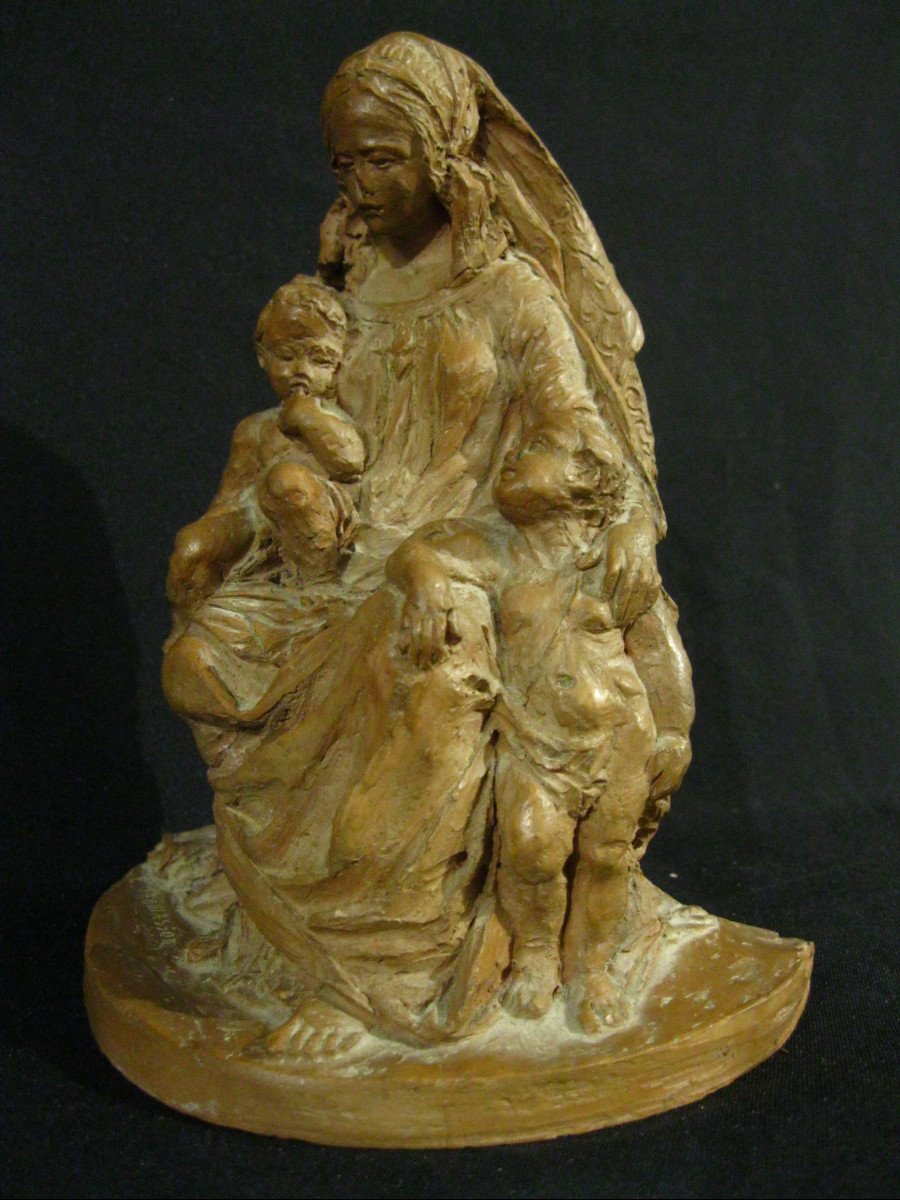 Virgin And Child Jesus And Saint John The Baptist - Terracotta - E. Thomasson 19th-20th-photo-4