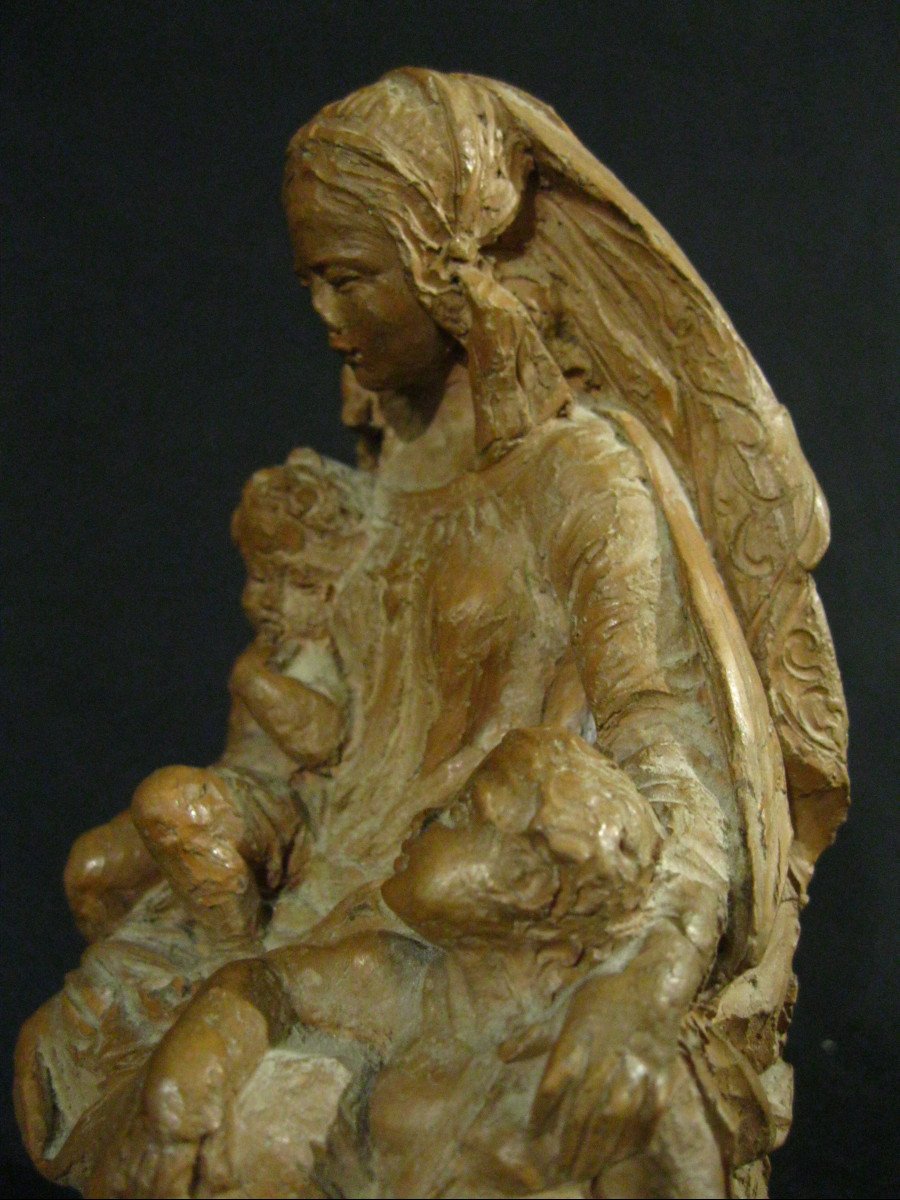 Virgin And Child Jesus And Saint John The Baptist - Terracotta - E. Thomasson 19th-20th-photo-6