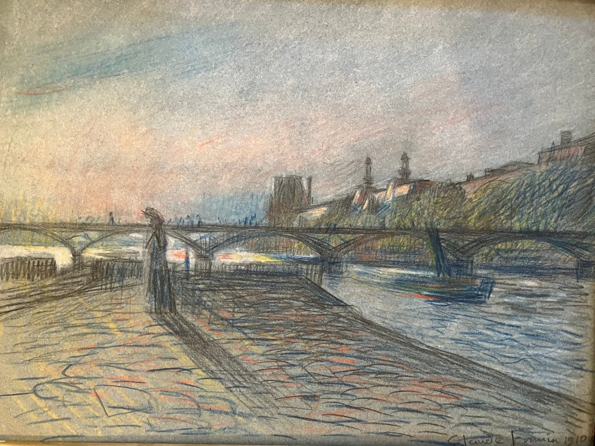 Claude Firmin - Bord De Seine à Paris - 1910 - Pastels & crayons de couleurs.-photo-3