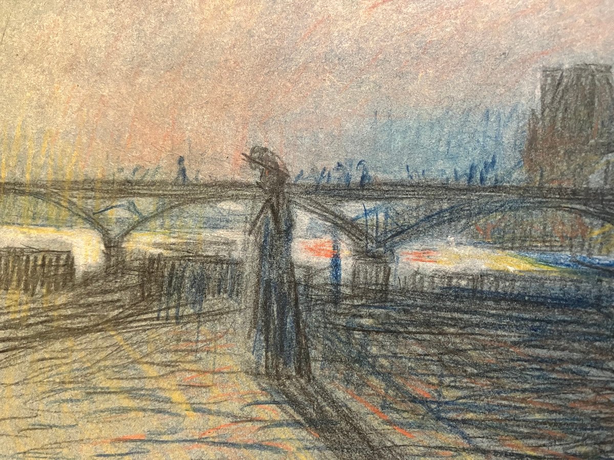 Claude Firmin - Bord De Seine à Paris - 1910 - Pastels & crayons de couleurs.-photo-4