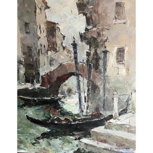 He Wagner (20th Century) "view Of A Canal In Venice". Oil On Canvas.