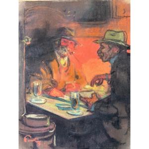 Louis Fortuney 1878-1950 - Pastels - La Partie De Cartes .