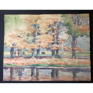Bertrand Edouard De Champeaux (20th Century) - Large Watercolor 50x60cm - Walk And Games In The Park
