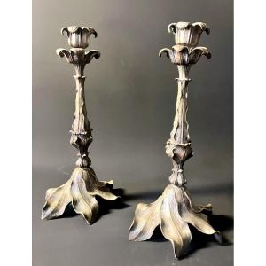 Pair Of Art Nouveau Candlesticks - Silver Bronze - 25 Cm