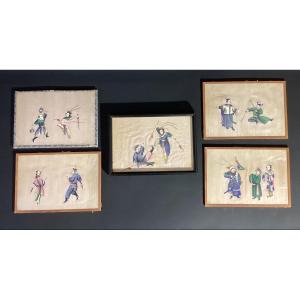 China - Series Of 5 Gouaches On Rice Paper Dealing With Martial Arts - Late 19th
