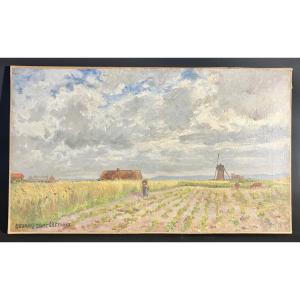 Georges Edme Lefebvre 1848-1913.  Paysage De La Somme Ou De L’ Oise - huile Sur Toile  55x33 Cm
