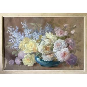 Bouquet De Fleurs - Gouache - Monogrammée - Situé à Nice - Milieu XXe