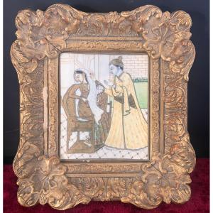 Indo-persian Miniature - Gallant Scene - Late 19th Early 20th Century - Gold Highlights