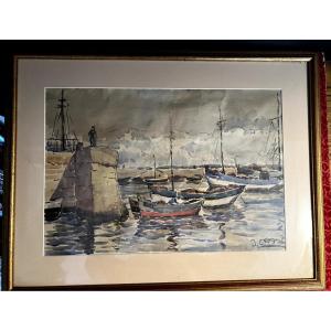 Port en Bretagne - Aquarelle signée J ou L Cram