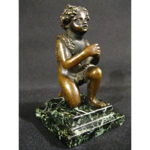 Bronze With Two Patinas,  19th - Putti - Cherub In Shepherd - Green Marble Base