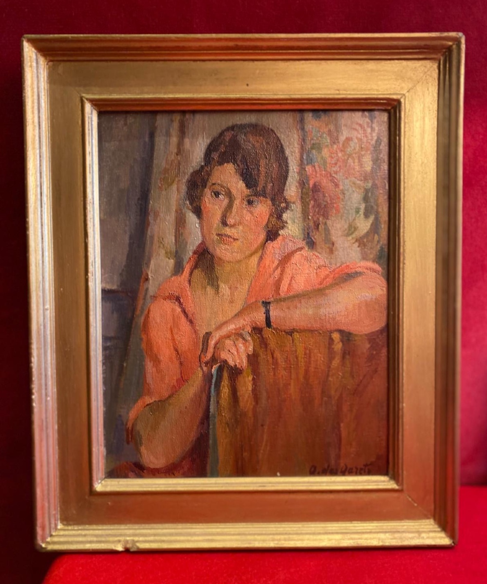 Huile sur toile signée femme assise Odette des Garets