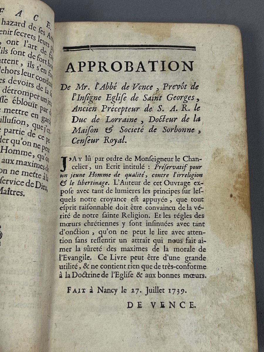 PRESERVATIF POUR UN JEUNE HOMME DE QUALITE CONTRE L'IRRELIGION ET LE LIBERTINAGE. NANCY 1739-photo-2